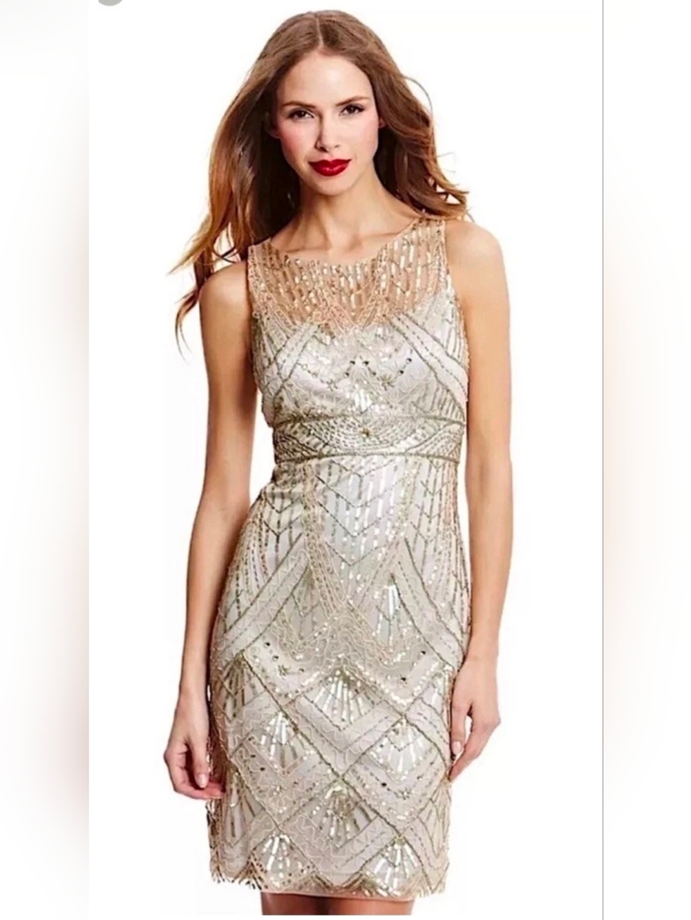 SUE WONG 2 Champagne Silver Beaded Sequin Bridal Formal Cocktail Evening Dress.